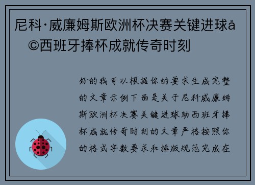 尼科·威廉姆斯欧洲杯决赛关键进球助西班牙捧杯成就传奇时刻